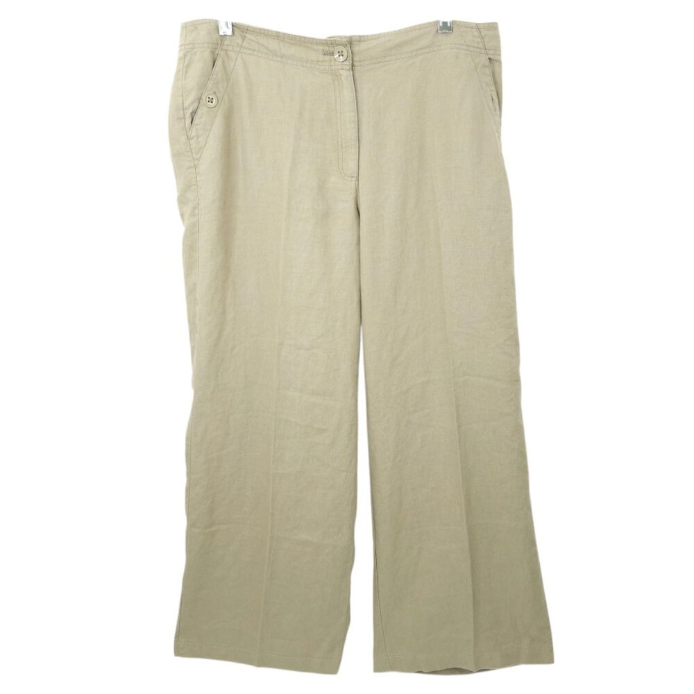 Chicos Linen Pants Women Size 1 US M/8 MId Rise Wide Leg Slash Pockets Tan Khaki
